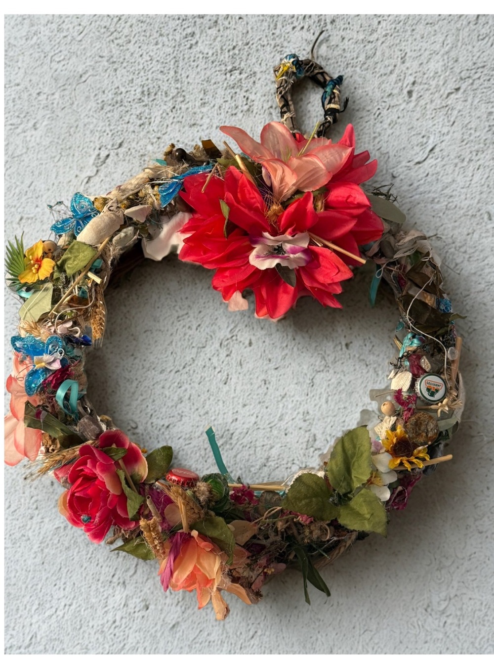 Floral Spring Wreath with Bright Red & Coral Blooms